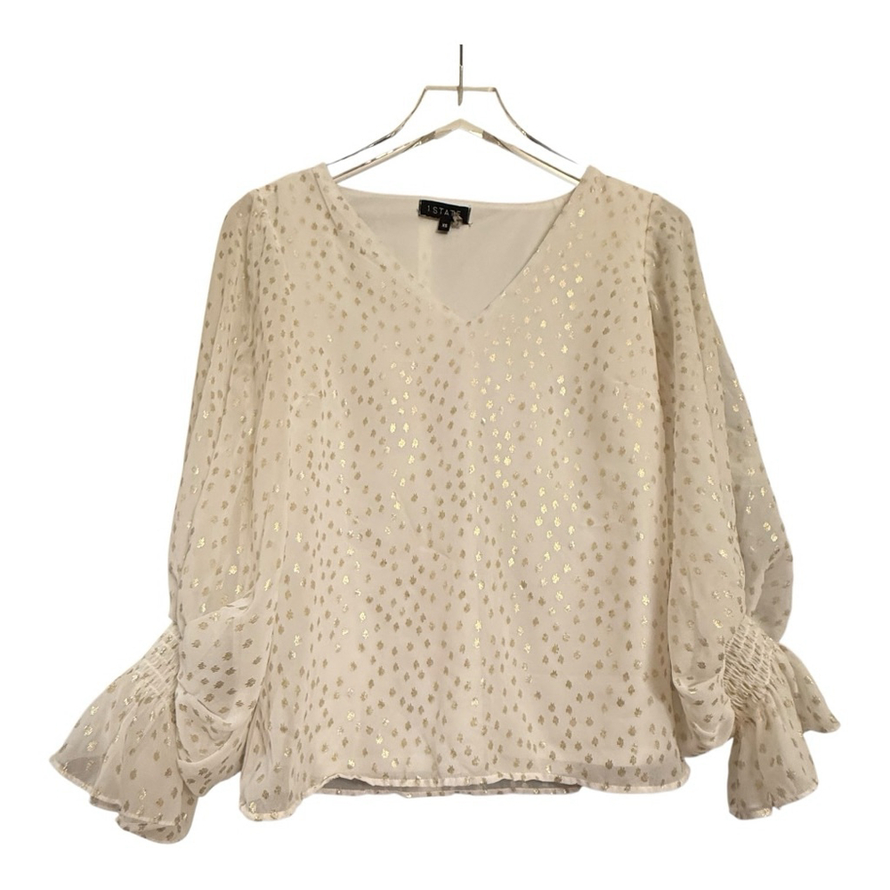 1. STATE Cream Gold Dot V-Neck Smocked Ruffle Cuff Blouse XS - Picture 2 of 10